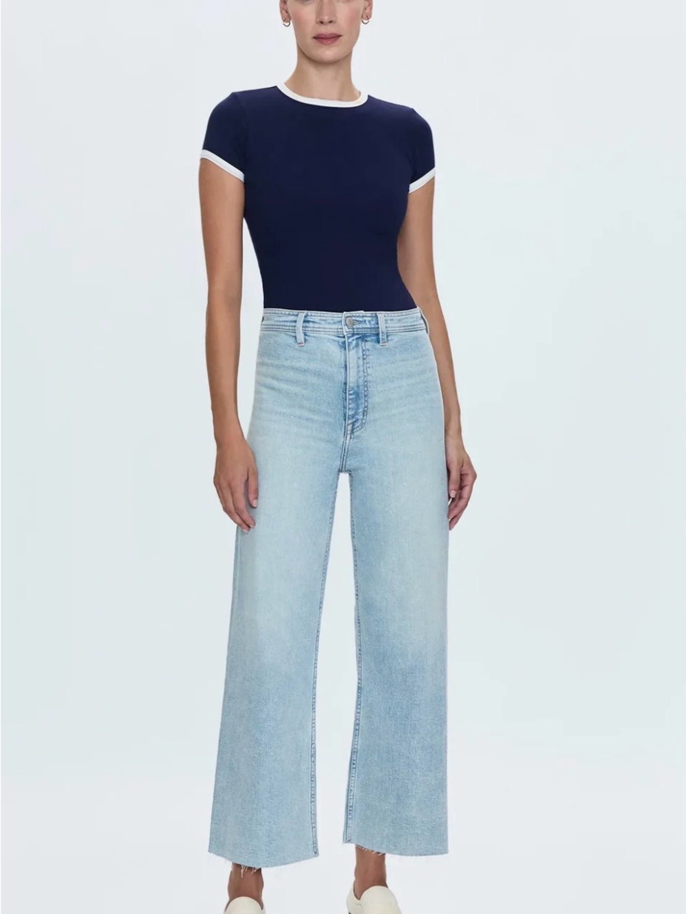 pistola Light Blue High-Rise Wide-Leg Jeans. Inseam is 25”